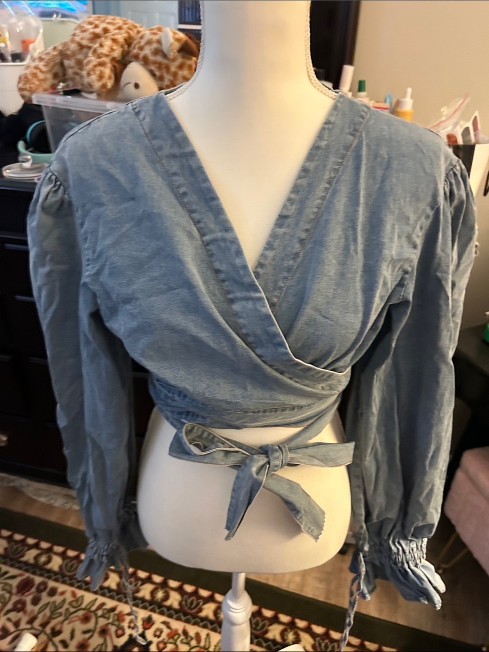 Women’s Light Blue Wrap Crop Top - Denim-Style Tie Front